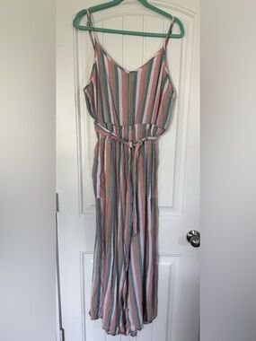 dip Linen Blend Striped Sleeveless Jumpsuit in Pink, Blue, Green & Cream Pockets